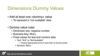 Dimensions Dummy Values
• Add at least one «dummy» value
• To represent a “not available” data
• Dummy value rules
• Dimension key: negative number
• Business Key: NULL
• Fixed values for text and numeric data
• Text: “N/A” or “Not Available”
• Choose appropriate terms if more than on dummy exists
• Numeric: NULL
 
