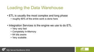 Loading the Data Warehouse
• ETL is usually the most complex and long phase
• roughly 80% of the entire work is done here
• Integration Services is the engine we use to do ETL
• Very very fast
• Completely In-Memory
• 64 bits aware
• Very scalable
 
