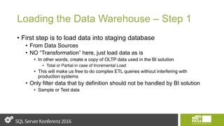 Loading the Data Warehouse – Step 1
• First step is to load data into staging database
• From Data Sources
• NO “Transformation” here, just load data as is
• In other words, create a copy of OLTP data used in the BI solution
• Total or Partial in case of Incremental Load
• This will make us free to do complex ETL queries without interfering with
production systems
• Only filter data that by definition should not be handled by BI solution
• Sample or Test data
 