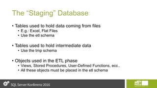 The “Staging” Database
• Tables used to hold data coming from files
• E.g.: Excel, Flat Files
• Use the etl schema
• Tables used to hold intermediate data
• Use the tmp schema
• Objects used in the ETL phase
• Views, Stored Procedures, User-Defined Functions, ecc..
• All these objects must be placed in the etl schema
 
