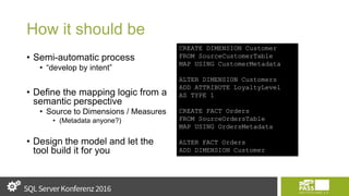 How it should be
• Semi-automatic process
• “develop by intent”
• Define the mapping logic from a
semantic perspective
• Source to Dimensions / Measures
• (Metadata anyone?)
• Design the model and let the
tool build it for you
CREATE DIMENSION Customer
FROM SourceCustomerTable
MAP USING CustomerMetadata
ALTER DIMENSION Customers
ADD ATTRIBUTE LoyaltyLevel
AS TYPE 1
CREATE FACT Orders
FROM SourceOrdersTable
MAP USING OrdersMetadata
ALTER FACT Orders
ADD DIMENSION Customer
 