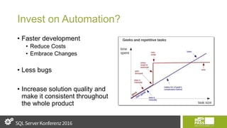 Invest on Automation?
• Faster development
• Reduce Costs
• Embrace Changes
• Less bugs
• Increase solution quality and
make it consistent throughout
the whole product
 