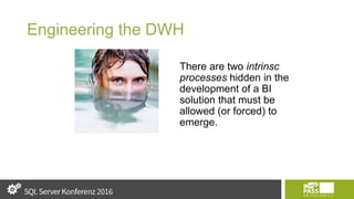 Engineering the DWH
There are two intrinsc
processes hidden in the
development of a BI
solution that must be
allowed (or forced) to
emerge.
 