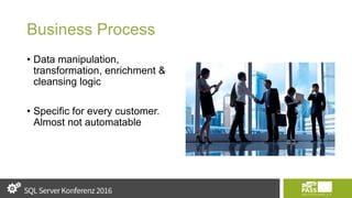 Business Process
• Data manipulation,
transformation, enrichment &
cleansing logic
• Specific for every customer.
Almost not automatable
 
