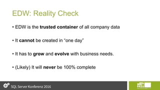 EDW: Reality Check
• EDW is the trusted container of all company data
• It cannot be created in “one day”
• It has to grow and evolve with business needs.
• (Likely) It will never be 100% complete
 
