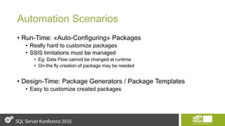 Automation Scenarios
• Run-Time: «Auto-Configuring» Packages
• Really hard to customize packages
• SSIS limitations must be managed
• Eg: Data Flow cannot be changed at runtime
• On-the fly creation of package may be needed
• Design-Time: Package Generators / Package Templates
• Easy to customize created packages
 