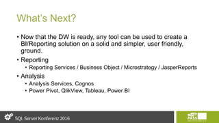 What’s Next?
• Now that the DW is ready, any tool can be used to create a
BI/Reporting solution on a solid and simpler, user friendly,
ground.
• Reporting
• Reporting Services / Business Object / Microstrategy / JasperReports
• Analysis
• Analysis Services, Cognos
• Power Pivot, QlikView, Tableau, Power BI
 