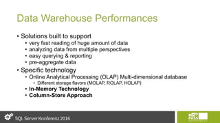 Data Warehouse Performances
• Solutions built to support
• very fast reading of huge amount of data
• analyzing data from multiple perspectives
• easy querying & reporting
• pre-aggregate data
• Specific technology
• Online Analytical Processing (OLAP) Multi-dimensional database
• Different storage flavors (MOLAP, ROLAP, HOLAP)
• In-Memory Technology
• Column-Store Approach
 