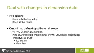 Deal with changes in dimension data
• Two options:
• Keep only the last value
• Keep all the values
• Kimball has defined specific terminology
• “Slowly Changing Dimension”
• Kind of Architectural Pattern (well known, universally recognized)
• Three type of SCD
• 1, 2 and 3 
• Mix of them
 