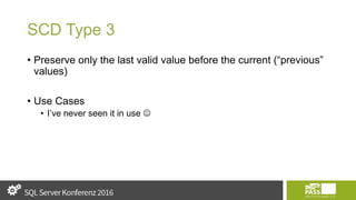 SCD Type 3
• Preserve only the last valid value before the current (“previous”
values)
• Use Cases
• I’ve never seen it in use 
 