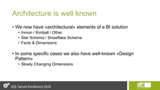 Architecture is well known
• We now have «architectural» elements of a BI solution
• Inmon / Kimball / Other
• Star Schema / Snowflake Schema
• Facts & Dimensions
• In some specific cases we also have well-known «Design
Pattern»
• Slowly Changing Dimensions
 