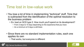 Time lost in low-value work
• You lose a lot of time in implementing “technical” stuff. Time that
is subtracted from the identification of the optimal resolution to
the business problem
• Ex: load an SCD type 2. How much you’ll spend on its development?
• From 2 days to 10 days depending on the experience that you have
• An a minimum of 2 days is still there
• Since there are no standard implementation rules, each one
applies its own
• That works, but everyone is different
 