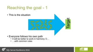 Reaching the goal - 1
• This is the situation
• Everyone follows his own path
• It will be better to work in harmony …
• …with common rules
Target
 