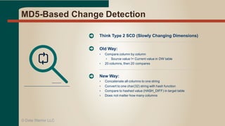 MD5-­Based  Change  Detection
©  Data  Warrior  LLC
Think  Type  2  SCD  (Slowly  Changing  Dimensions)
Old  Way:
› Compar...