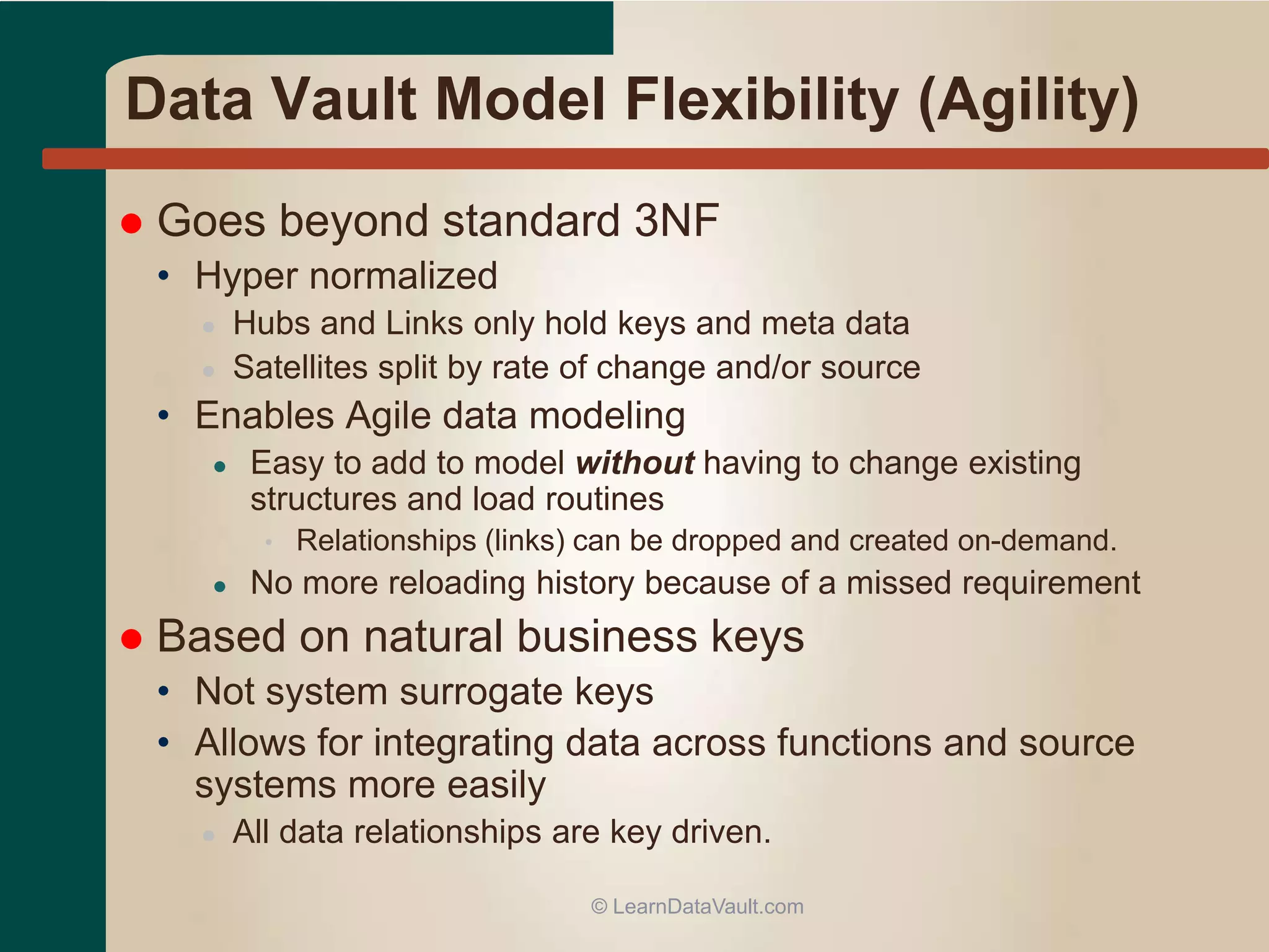 Data Vault Model Flexibility (Agility)
 Goes beyond standard 3NF
• Hyper normalized
● Hubs and Links only hold keys and meta data
● Satellites split by rate of change and/or source
• Enables Agile data modeling
● Easy to add to model without having to change existing
structures and load routines
• Relationships (links) can be dropped and created on-demand.
● No more reloading history because of a missed requirement
 Based on natural business keys
• Not system surrogate keys
• Allows for integrating data across functions and source
systems more easily
● All data relationships are key driven.
© LearnDataVault.com
 
