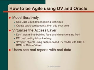 How to be Agile using DV and Oracle
 Model iteratively
● Use Data Vault data modeling technique
● Create basic components, then add over time
 Virtualize the Access Layer
● Don’t waste time building facts and dimensions up front
● ETL and testing takes too long
● “Project” objects using pattern-based DV model with OBIEE
BMM or Oracle Views
 Users see real reports with real data
(C) Kent Graziano
 