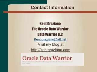 Contact Information
Kent Graziano
The Oracle Data Warrior
Data Warrior LLC
Kent.graziano@att.net
Visit my blog at
http://kentgraziano.com
 