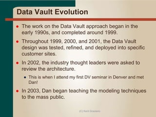 Data Vault Evolution
 The work on the Data Vault approach began in the
early 1990s, and completed around 1999.
 Throughout 1999, 2000, and 2001, the Data Vault
design was tested, refined, and deployed into specific
customer sites.
 In 2002, the industry thought leaders were asked to
review the architecture.
● This is when I attend my first DV seminar in Denver and met
Dan!
 In 2003, Dan began teaching the modeling techniques
to the mass public.
(C) Kent Graziano
 