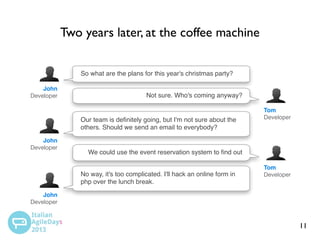 Two years later, at the coffee machine
So what are the plans for this year's christmas party?
John
Developer

Not sure. Who's coming anyway?

Our team is deﬁnitely going, but I'm not sure about the
others. Should we send an email to everybody?
John
Developer

Tom
Developer

We could use the event reservation system to ﬁnd out
No way, it's too complicated. I'll hack an online form in
php over the lunch break.

Tom
Developer

John
Developer

11

 