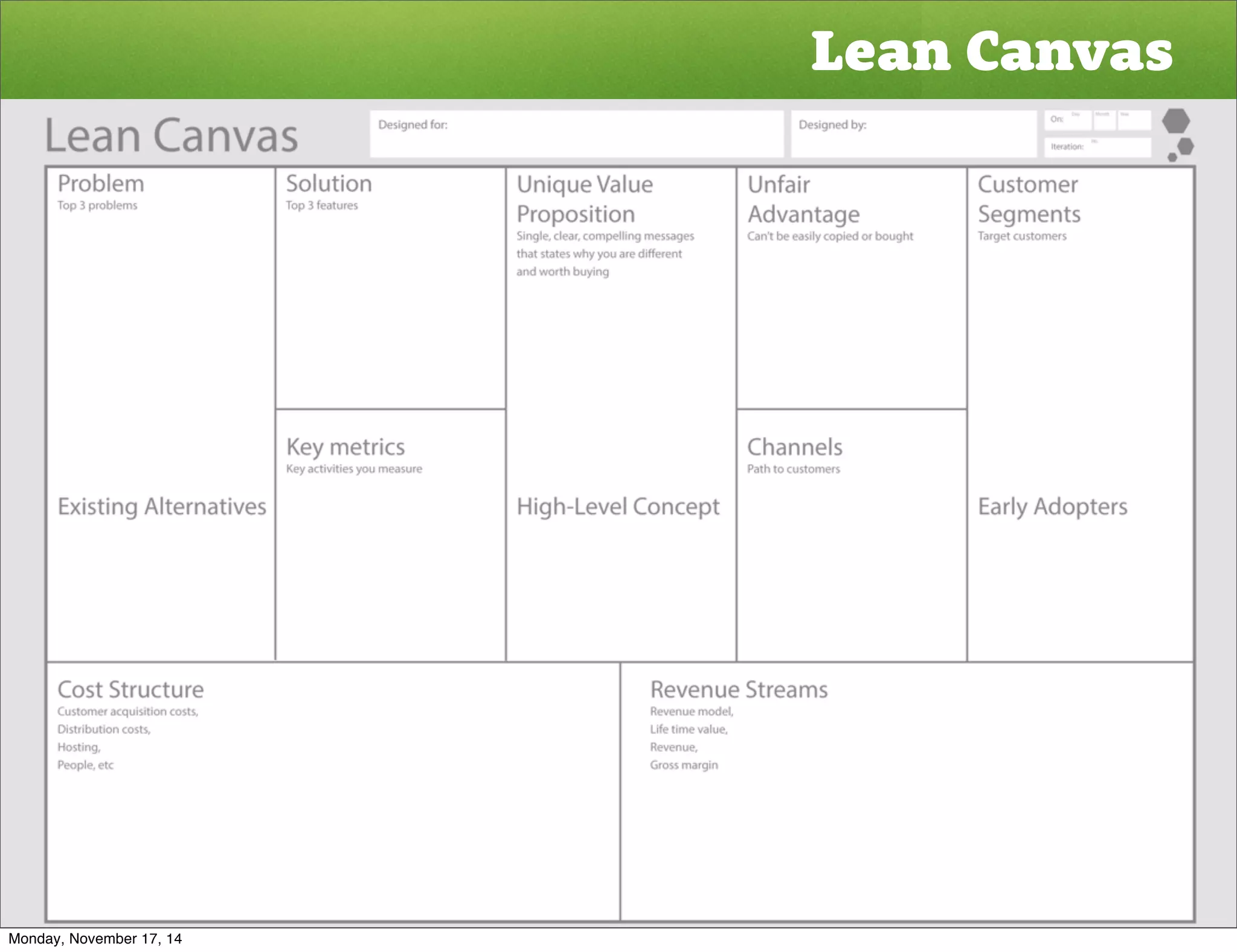 Lean Canvas 
Monday, November 17, 14 
 