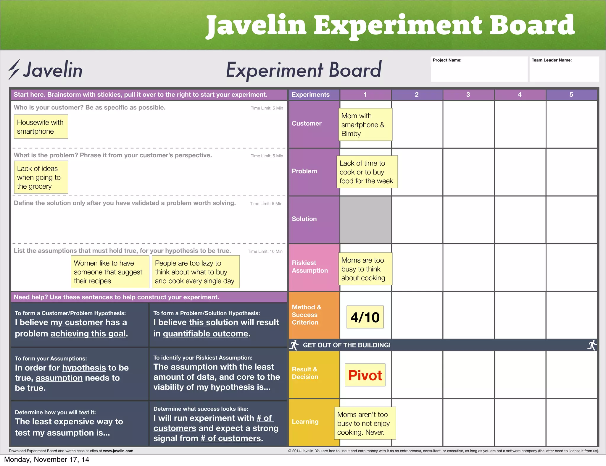 Javelin Experiment Board 
Start here. Brainstorm with stickies, pull it over to the right to start your experiment. Experiments 
Customer 
Problem 
Solution 
Riskiest 
Assumption 
Method  
Success 
Criterion 
Result  
Decision 
Learning 
1 2 3 4 5 
OVPZ`VYJZ[VTLY)LHZZWLJPÄJHZWVZZPISL           Time Limit: 5 Min 
Housewife with 
smartphone 
What is the problem? Phrase it from your customer’s perspective. Time Limit: 5 Min 
Lack of ideas 
when going to 
the grocery 
+LÄUL[OLZVS[PVUVUS`HM[LY`VOH]L]HSPKH[LKHWYVISLT^VY[OZVS]PUNTime Limit: 5 Min 
List the assumptions that must hold true, for your hypothesis to be true. Time Limit: 10 Min 
Women like to have 
someone that suggest 
their recipes 
People are too lazy to 
think about what to buy 
and cook every single day 
Need help? Use these sentences to help construct your experiment. 
To form a Customer/Problem Hypothesis: 
I believe my customer has a 
problem achieving this goal. 
To form your Assumptions: 
0UVYKLYMVY̸hypothesis to be 
true, assumption needs to 
be true. 
Determine how you will test it: 
The least expensive way to 
test my assumption is... 
To form a Problem/Solution Hypothesis: 
I believe this solution will result 
in XHU[PÄHISLV[JVTL. 
To identify your Riskiest Assumption: 
The assumption with the least 
amount of data, and core to the 
viability of my hypothesis is... 
Determine what success looks like: 
I will run experiment with # of 
customers and expect a strong 
signal from # of customers. 
Project Name: Team Leader Name: 
Mom with 
smartphone  
Bimby 
Lack of time to 
cook or to buy 
food for the week 
Moms are too 
busy to think 
about cooking 
4/10 
GET OUT OF THE BUILDING! 
Pivot 
Moms aren't too 
busy to not enjoy 
cooking. Never. 
Download Experiment Board and watch case studies at www.javelin.com © 2014 Javelin. You are free to use it and earn money with it as an entrepreneur, consultant, or executive, as long as you are not a software company (the latter need to license it from us). 
Monday, November 17, 14 
 