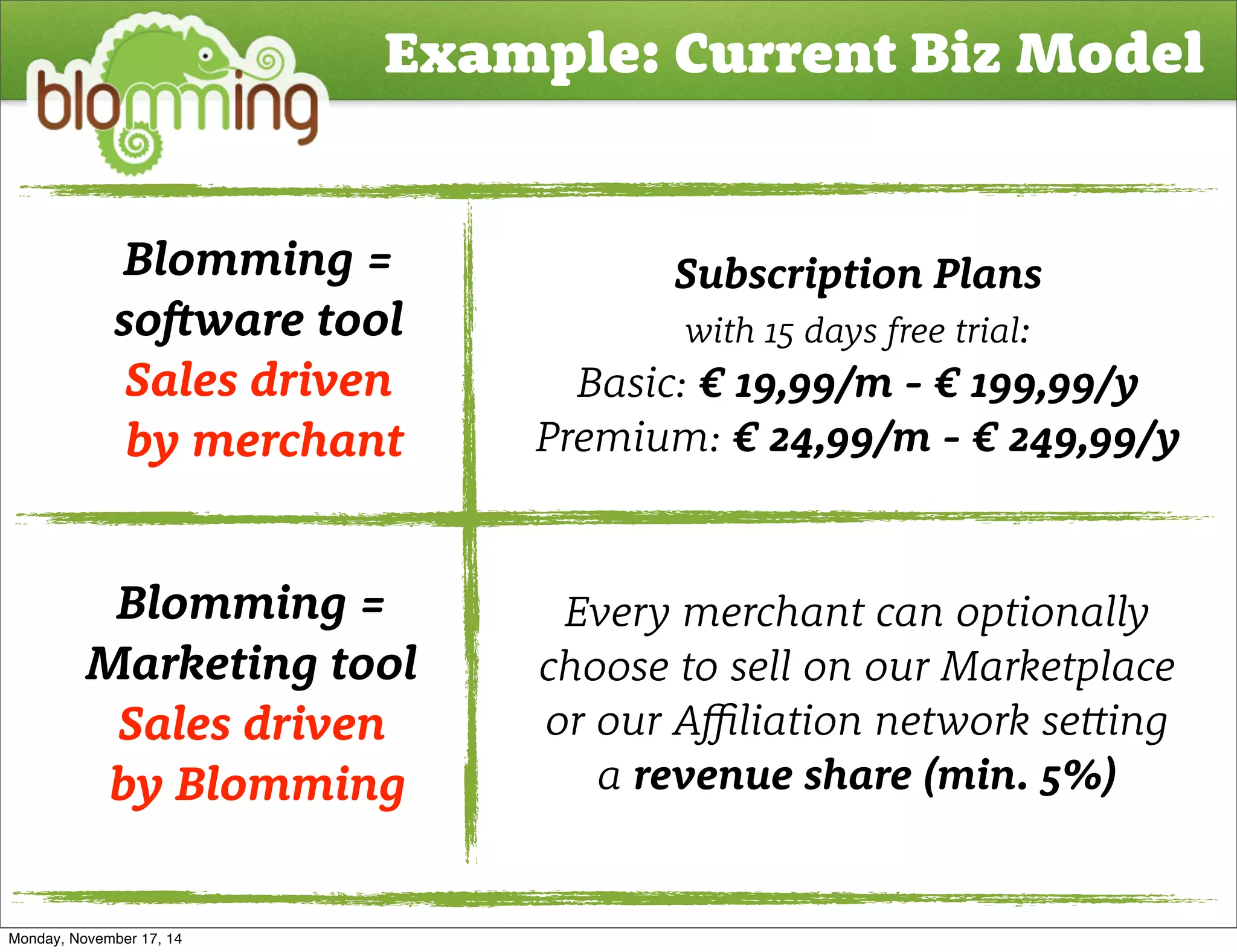 Example: Current Biz Model 
Blomming = 
so!ware tool 
Sales driven 
by merchant 
Blomming = 
Marketing tool 
Sales driven 
by Blomming 
Subscription Plans 
with 15 days free trial: 
Basic: € 19,99/m - € 199,99/y 
Premium: € 24,99/m - € 249,99/y 
Every merchant can optionally 
choose to sell on our Marketplace 
or our Aliation network se!ing 
a revenue share (min. 5%) 
Monday, November 17, 14 
 