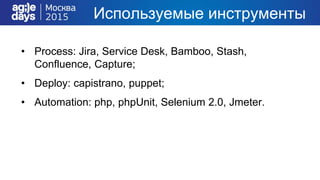 • Process: Jira, Service Desk, Bamboo, Stash,
Confluence, Capture;
• Deploy: capistrano, puppet;
• Automation: php, phpUnit, Selenium 2.0, Jmeter.
Используемые инструменты
 