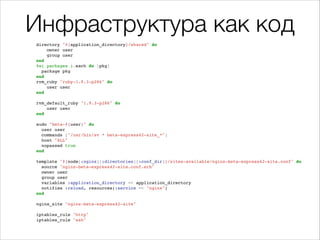 Инфраструктура как код
directory "#{application_directory}/shared" do!
owner user!
group user!
end!
%w( packages ).each do |pkg|!
package pkg!
end!
rvm_ruby "ruby-1.9.3-p286" do!
user user!
end!
!
rvm_default_ruby "1.9.3-p286" do!
user user!
end!
!
sudo "beta-#{user}" do!
user user!
commands ["/usr/bin/sv * beta-express42-site_*"]!
host "ALL"!
nopasswd true!
end!
!
template "#{node[:nginx][:directories][:conf_dir]}/sites-available/nginx-beta-express42-site.conf" do!
source "nginx-beta-express42-site.conf.erb"!
owner user!
group user!
variables :application_directory => application_directory!
notifies :reload, resources(:service => "nginx")!
end!
!
nginx_site "nginx-beta-express42-site"!
!
iptables_rule "http"!
iptables_rule "ssh"!
 
