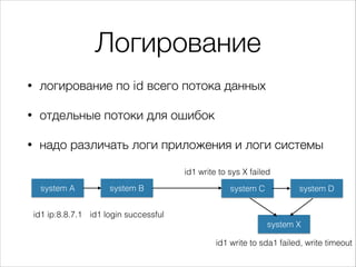 Логирование
• логирование по id всего потока данных
• отдельные потоки для ошибок
• надо различать логи приложения и логи системы
system A system B system C
system X
system D
id1 ip:8.8.7.1 id1 login successful
id1 write to sys X failed
id1 write to sda1 failed, write timeout
 
