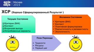 ХСР (Хорошо Сформулированный Результат )
План Перехода
 Трудности
 Ресурсы
 Первый шаг
Текущее Состояние
Критерии (ВАК)
Контекст
Вторичная выгода
Испробованные варианты
Желаемое Состояние
 Критерии (ВАК)
 Контекст
 Позитивная формулировка
 Реалистичность и релевантность
 Экологичность
 
