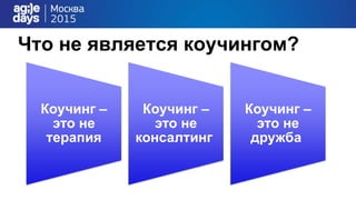 Что не является коучингом?
Коучинг –
это не
терапия
Коучинг –
это не
консалтинг
Коучинг –
это не
дружба
 