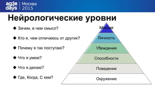 Нейрологические уровни
Миссия
Личность
Убеждения
Способности
Поведение
Окружение
 Зачем, в чем смысл?
 Кто я, чем отличаюсь от других?
 Почему я так поступаю?
 Что я умею?
 Что я делаю?
 Где, Когда, С кем?
 