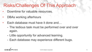 14© 2016 Delphix Corporation
• Downtime for valuable resources.
• DBAs working afterhours
• Each database must have it done and…
- The tedious task must be performed over and over
again.
- Little opportunity for advanced learning.
- Each database may experience different bugs.
Risks/Challenges Of This Approach
 