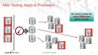 17© 2016 Delphix Corporation
No need to keep the
extra VDBs post
patch to prod.
After Testing, Apply to Production
 