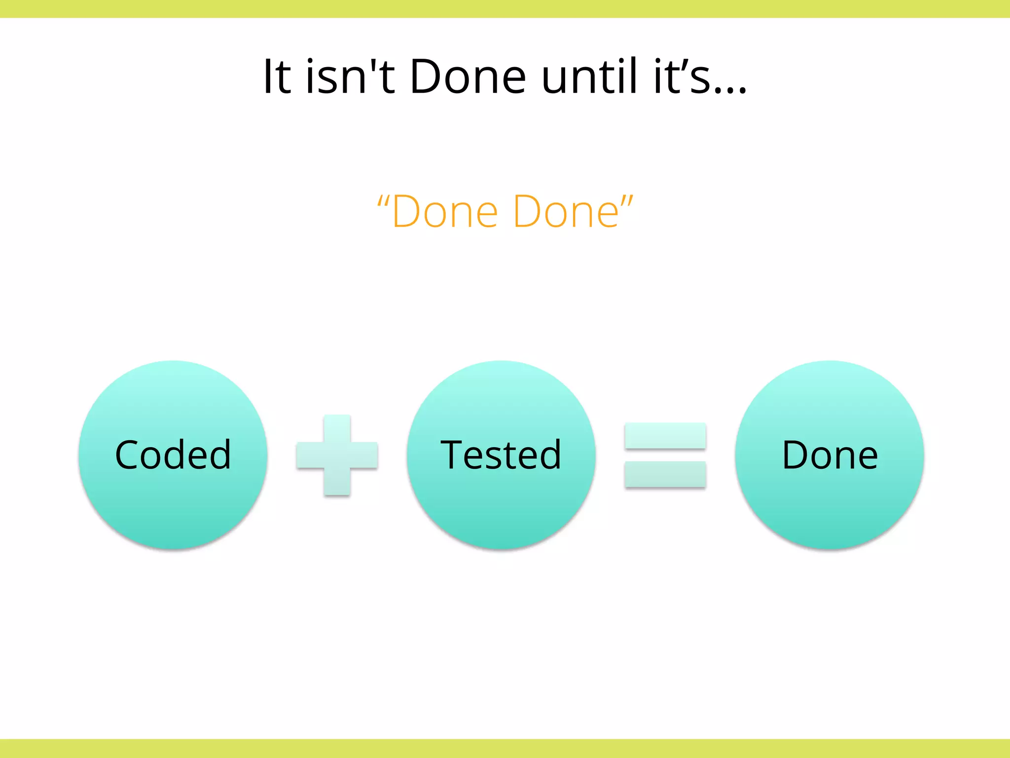 It isn't Done until it’s… 
“Done Done” 
Coded Tested Done 
 