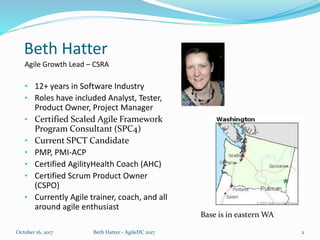 Beth Hatter
Agile Growth Lead – CSRA
• 12+ years in Software Industry
• Roles have included Analyst, Tester,
Product Owner...