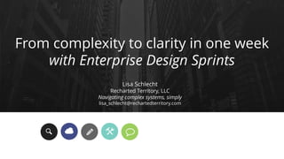 From complexity to clarity in one week
with Enterprise Design Sprints
Lisa Schlecht
Recharted Territory, LLC
Navigating complex systems, simply
lisa_schlecht@rechartedterritory.com
 