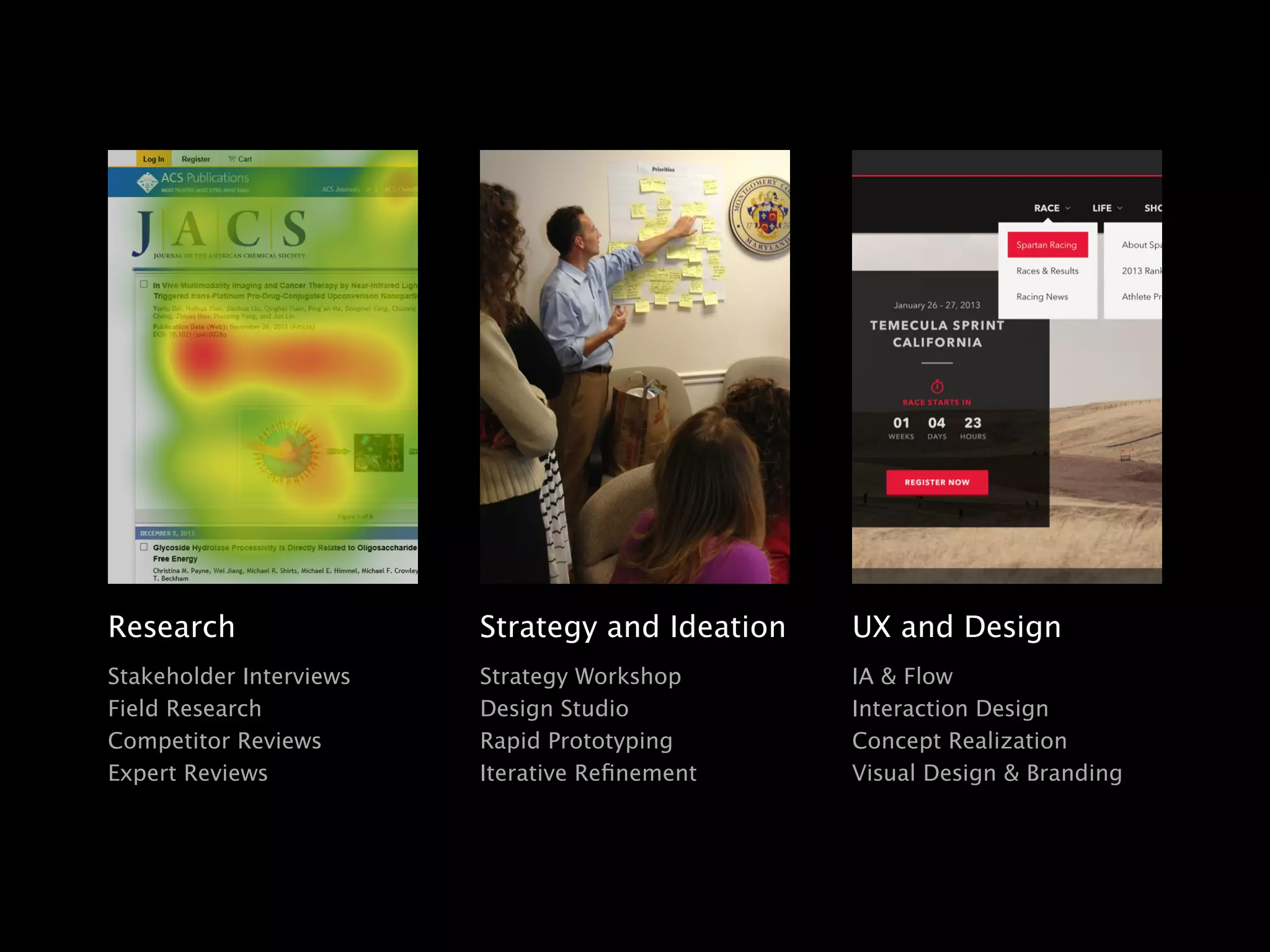 Research
Stakeholder Interviews
Field Research
Competitor Reviews
Expert Reviews
Strategy and Ideation
Strategy Workshop
Design Studio
Rapid Prototyping
Iterative Reﬁnement
UX and Design
IA & Flow
Interaction Design
Concept Realization
Visual Design & Branding
 