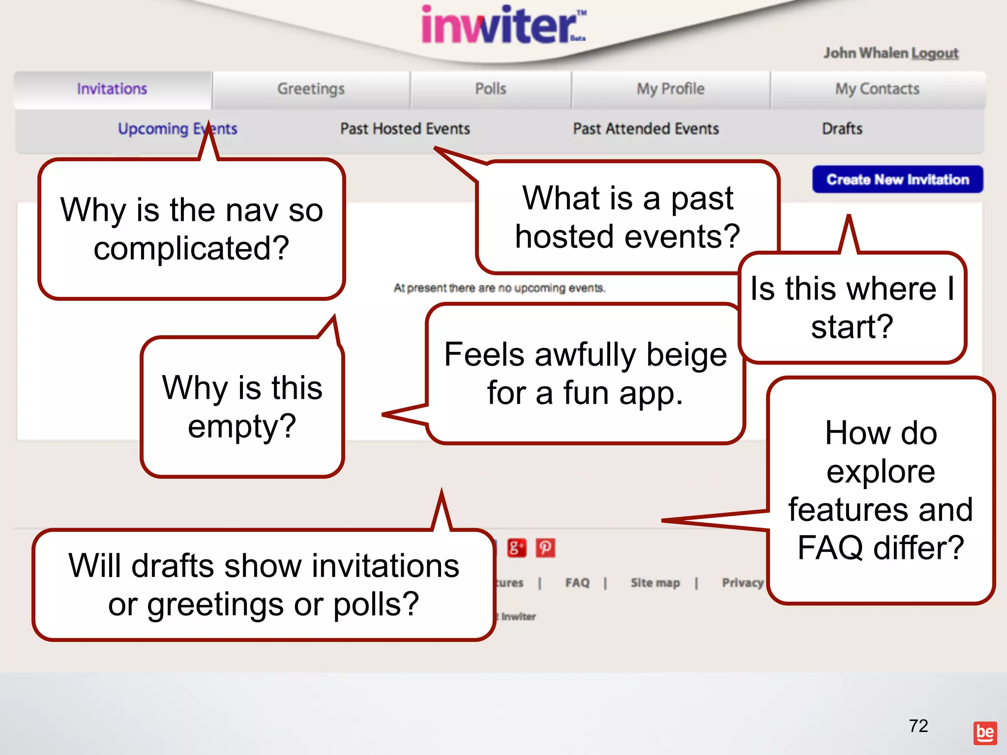 72
Why is this
empty?
What is a past
hosted events?
Why is the nav so
complicated?
Feels awfully beige
for a fun app.
Is this where I
start?
How do
explore
features and
FAQ differ?
Will drafts show invitations  
or greetings or polls?
 