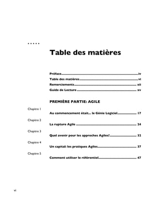 ° ° ° ° °
Table des matières
Préface.........................................................................................iv
Table des matières....................................................................vi
Remerciements........................................................................ xii
Guide de Lecture ..................................................................... xv
PREMIÈRE PARTIE: AGILE
Chapitre 1
Au commencement était... le Génie Logiciel...................... 17
Chapitre 2
La rupture Agile ...................................................................... 24
Chapitre 3
Quel avenir pour les approches Agiles?............................... 32
Chapitre 4
Un capital: les pratiques Agiles............................................. 37
Chapitre 5
Comment utiliser le référentiel............................................ 47
vi
 