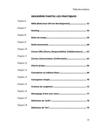 DEUXIÈME PARTIE: LES PRATIQUES
Chapitre 6
BDD (Behaviour-Driven Development).............................. 52
Chapitre 7
Backlog ...................................................................................... 56
Chapitre 8
Boîte de temps......................................................................... 58
Chapitre 9
Build automatisé ..................................................................... 60
Chapitre 10
Cartes CRC (Classe, Responsabilité, Collaborateurs) ...... 63
Chapitre 11
Carton, Conversation, Confirmation................................... 65
Chapitre 12
Charte projet............................................................................ 66
Chapitre 13
Conception au tableau blanc ................................................. 68
Chapitre 14
Conception simple................................................................... 70
Chapitre 15
Critères de simplicité ............................................................. 75
Chapitre 16
Découpage d'une user story.................................................. 77
Chapitre 17
Définition de "prêt" ................................................................ 78
Chapitre 18
Définition de 'fini'.................................................................... 79
Table des matières
vii
 