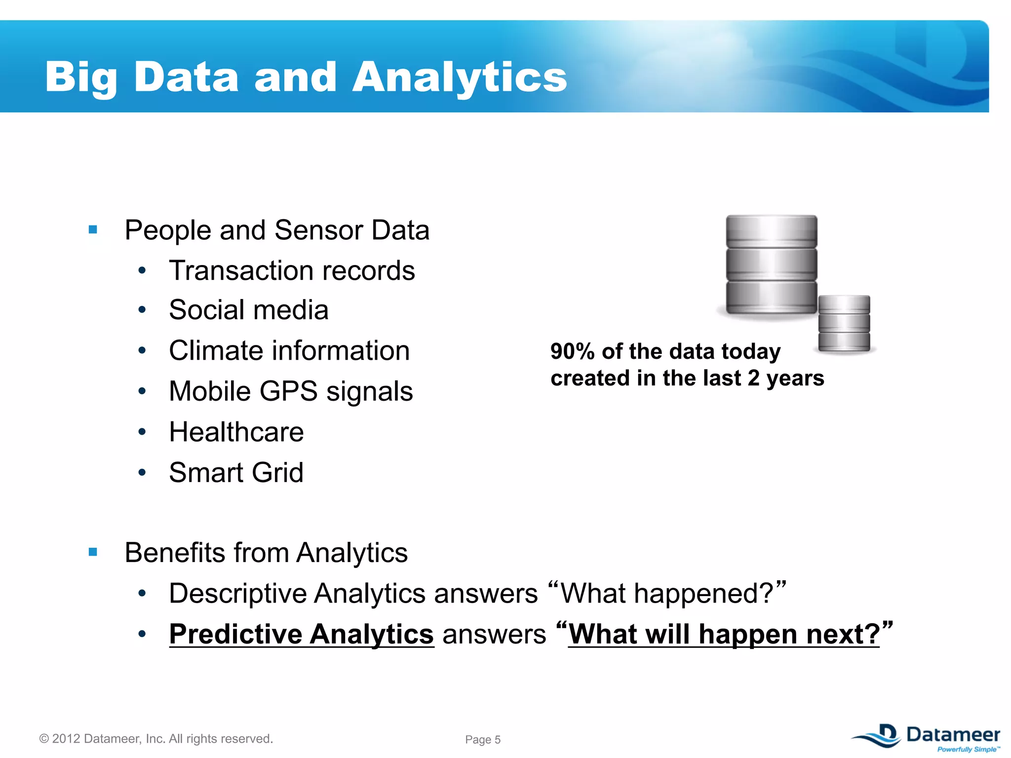 Big Data and Analytics


        §  People and Sensor Data
             •  Transaction records
             •  Social media
             •  Climate information                   90% of the data today
                                                      created in the last 2 years
             •  Mobile GPS signals
             •  Healthcare
             •  Smart Grid

        §  Benefits from Analytics
             •  Descriptive Analytics answers What happened?
             •  Predictive Analytics answers What will happen next?


© 2012 Datameer, Inc. All rights reserved.   Page 5
 