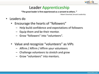 Leader Apprenticeship
          “The great leader is first experienced as a servant to others. ”
                                                      - Robert Greenleaf, Servant Leadership

• Leaders do
   • Encourage the hearts of “followers”
      – Help build confidence and expectations of followers
      – Equip them and be their mentor.
      – Grow “followers” into “volunteers”.

   • Value and recognize “volunteers” as VIPs
      – Affirm / Affirm / Affirm your volunteers
      – Challenge volunteers to stretch and grow
      – Grow “volunteers” into mentors.
 