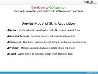 Developer to Craftsperson
        How will I know the learning levels in software craftsmanship?



               Dreyfus Model of Skills Acquisition
 Novice - Needs to be told exactly what to do. No context to work from.

 Advanced Beginner - Has more context, but needs rigid guidelines

 Competent - Questions reasoning behind the tasks and can see consequences

 Proficient - Still relies on rules, but can separate what’s important

 Expert - Works mainly on intuition, except when problems occur
 