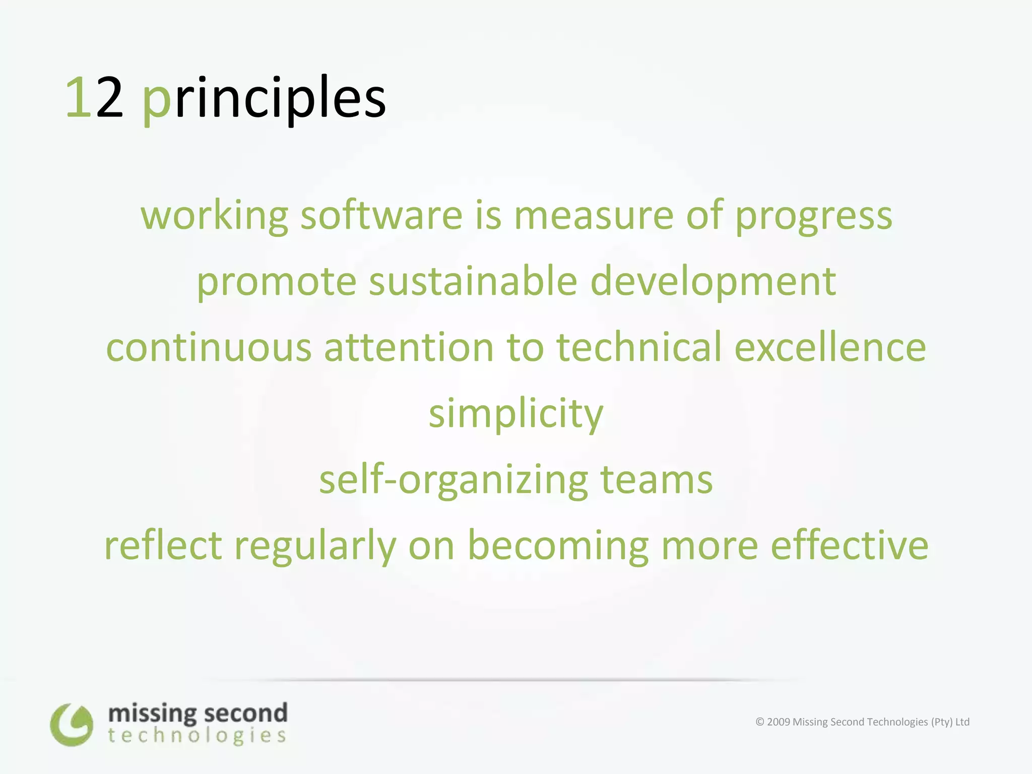 12 principlesworking software is measure of progresspromote sustainable developmentcontinuous attention to technical excellencesimplicityself-organizing teamsreflect regularly on becoming more effective