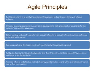 Agile PrinciplesOur highest priority is to satisfy the customer through early and continuous delivery of valuable software. Welcome changing requirements, even late in development. Agile processes harness change for the customer's competitive advantage. Deliver working software frequently, from a couple of weeks to a couple of months, with a preference to the shorter timescale. Business people and developers must work together daily throughout the project. Build projects around motivated individuals. Give them the environment and support they need, and trust them to get the job done. The most efficient and effective method of conveying information to and within a development team is face-to-face conversation. 