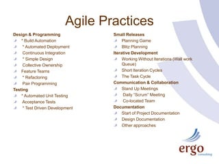 Agile PracticesDesign & Programming* Build Automation * Automated Deployment Continuous Integration * Simple Design Collective OwnershipFeature Teams * Refactoring Pair ProgrammingTesting* Automated Unit Testing Acceptance Tests * Test Driven DevelopmentSmall ReleasesPlanning GameBlitz PlanningIterative DevelopmentWorking Without Iterations (Wall work Queue)Short Iteration Cycles The Task CycleCommunication & CollaborationStand Up Meetings Daily “Scrum” Meeting Co-located TeamDocumentationStart of Project DocumentationDesign DocumentationOther approaches