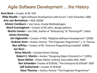 Agile Software Development ... the HistoryKent Beck – Creator of XP, TDD  Mike Beedle – “Agile Software Development with Scrum” c.KenSchwaber, 2002Arie van Bennekum – RAD, DSDM      Alistair Cockburn – Use Cases, Crystal Methodologies         Ward Cunningham – Creator of XP, wiki’s, design patterns          Martin Fowler – the UML, Author of “Refactoring” & “Planning XP” c.Beck            James Grenning              Jim Highsmith – Creator of ASD, “Adaptive Software Development” (1999)               Andrew Hunt – Author, Partner “The Pragmatic Programmer” c. D. Thomas                 Ron Jeffries – Creator of XP, “Extreme Programming Installed” (2000)                   Jon Kern -                      Brian Marick – Context Driven Testing                       Robert C. Martin – Author “Designing Object Oriented C++” (1995)                         Steve Mellor - Shlaer-Mellor method, Executable UML, MDA                          Ken Schwaber- Creator of SCRUM, “The Enterprise & SCRUM” 2007                            Jeff Sutherland – Creator of SCRUM                             Dave Thomas – Author, Partner “The Pragmatic Programmer”