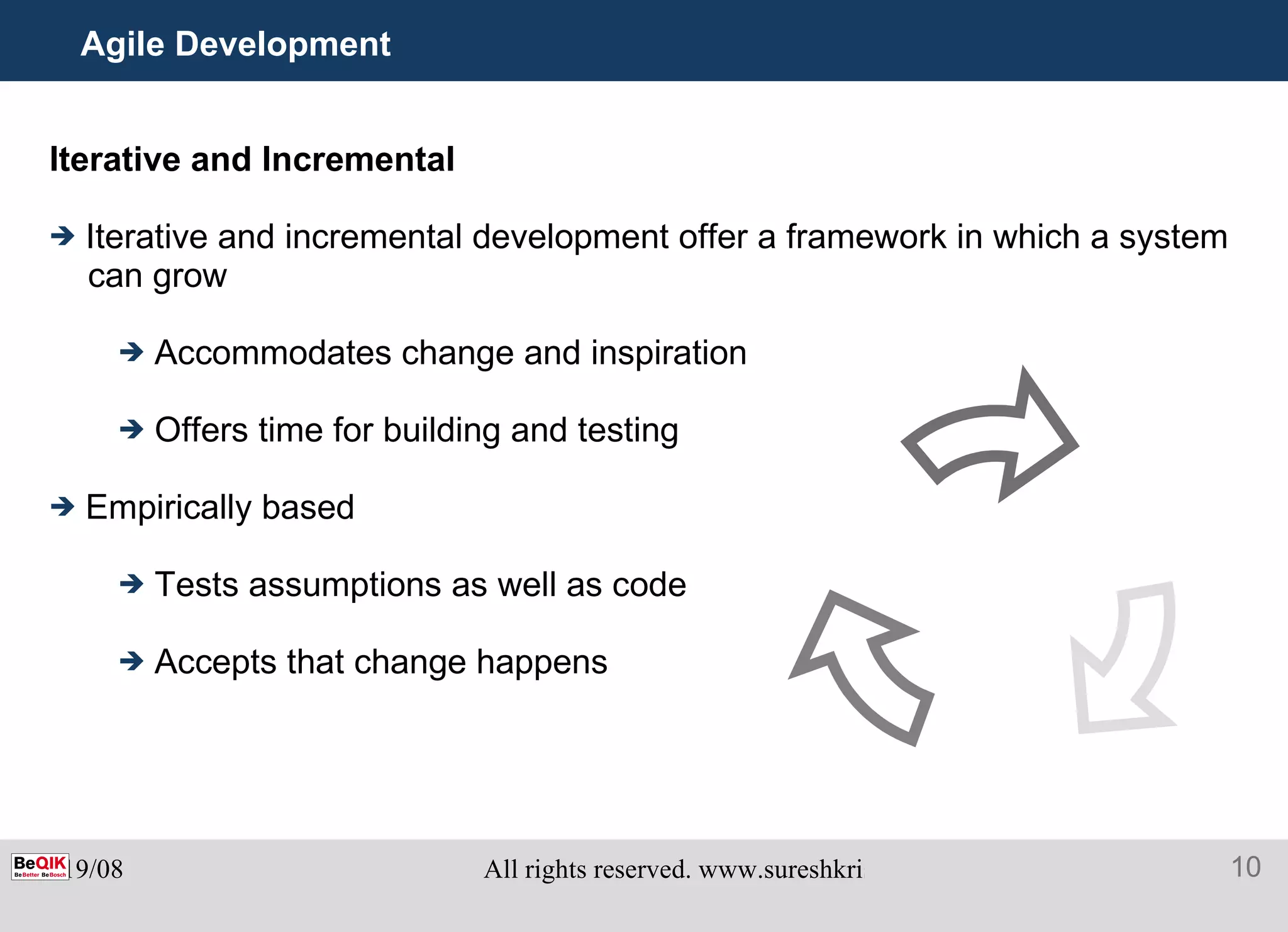Agile Development Iterative and Incremental Iterative and incremental development offer a framework in which a system can grow Accommodates change and inspiration  Offers time for building and testing Empirically based Tests assumptions as well as code Accepts that change happens 