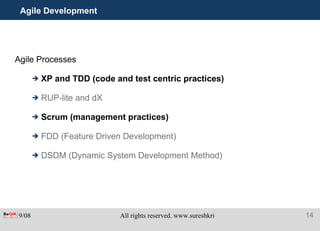 Agile Development Agile Processes XP and TDD (code and test centric practices) RUP-lite and dX Scrum (management practices) FDD (Feature Driven Development) DSDM (Dynamic System Development Method) 